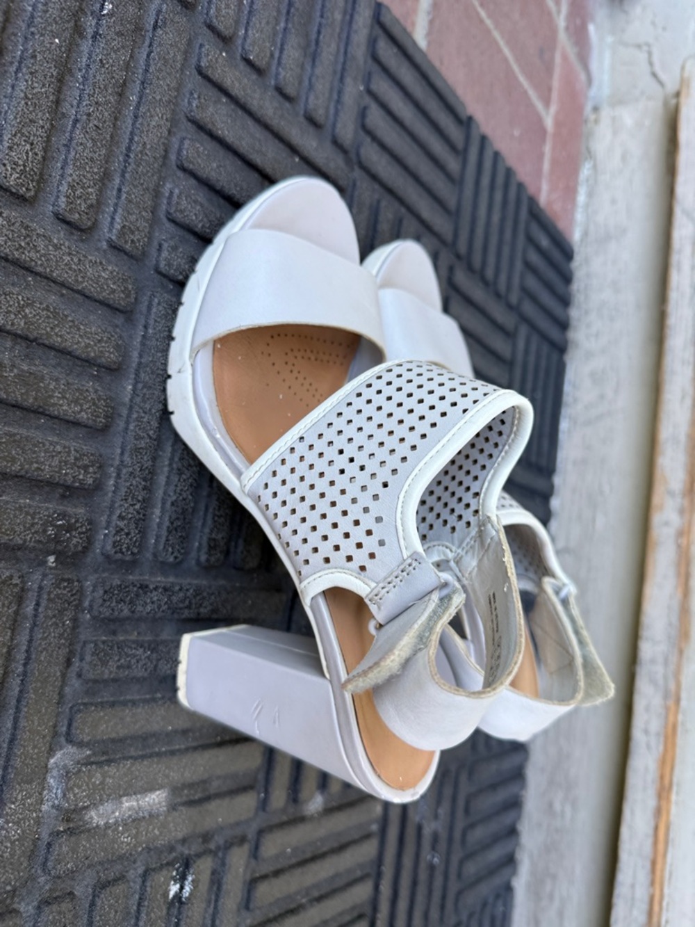 Clarks White Perforated Block Heel Sandals